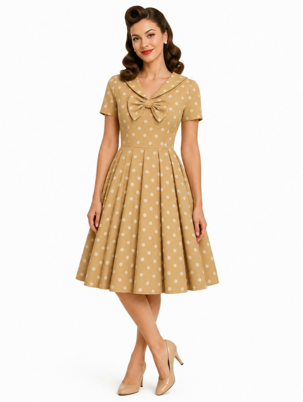 Gown Town Mustard Polka Dot Dress S Retro 50s Pin‑Up Rockabilly Fit & Flare
